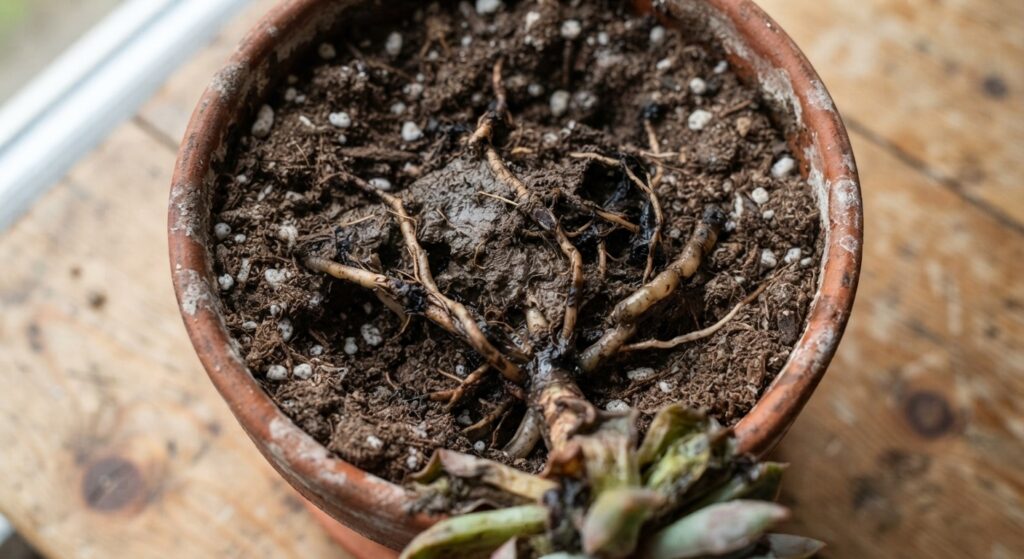 raíces de plantas con podredumbre por tierra compacta y mal sustrato