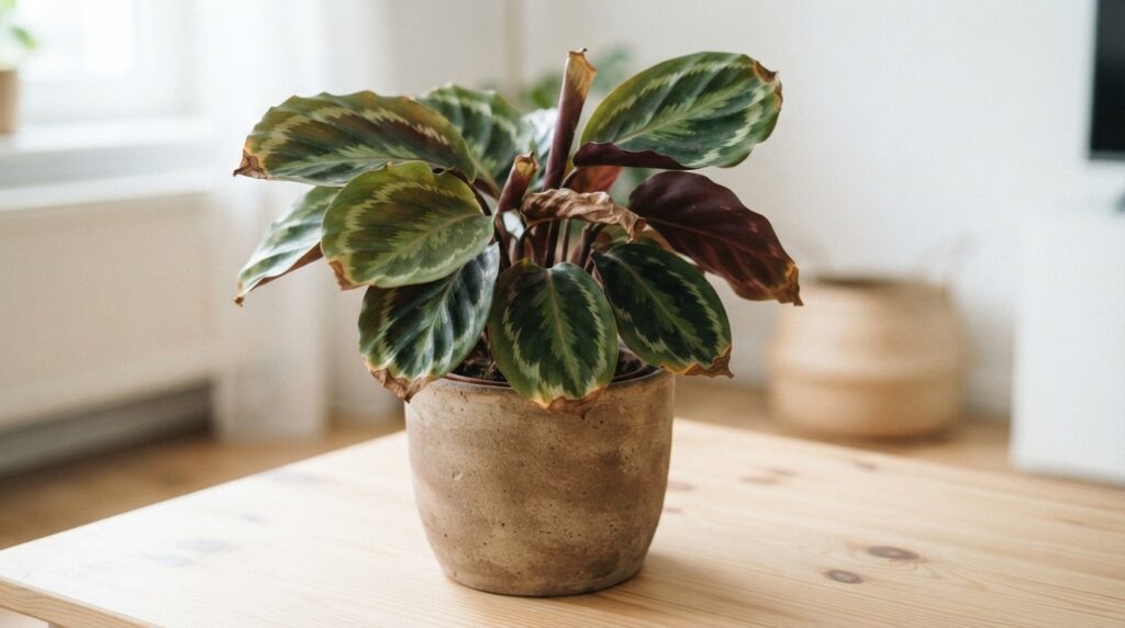 Hojas de planta Calathea con bordes secos y marrones debido a la falta de humedad ambiental