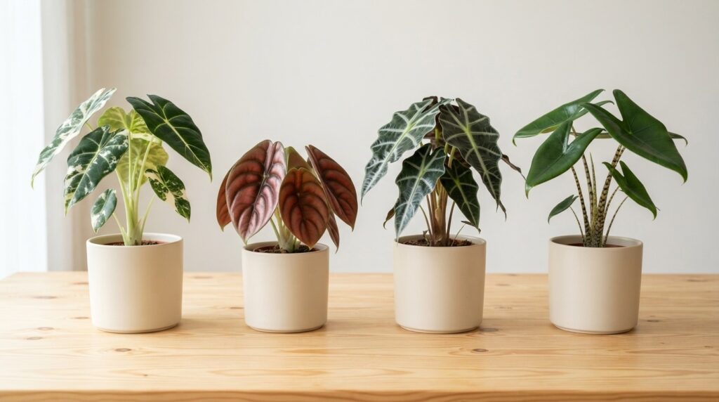 Grupo de cuatro plantas Alocasia de variadas especies en macetas para interior