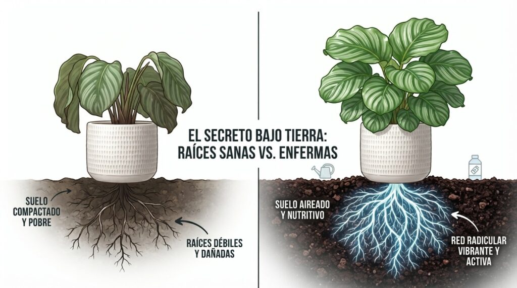 Comparativa visual entre el subsuelo inerte de una planta débil y una red radicular sana, brillante y activa