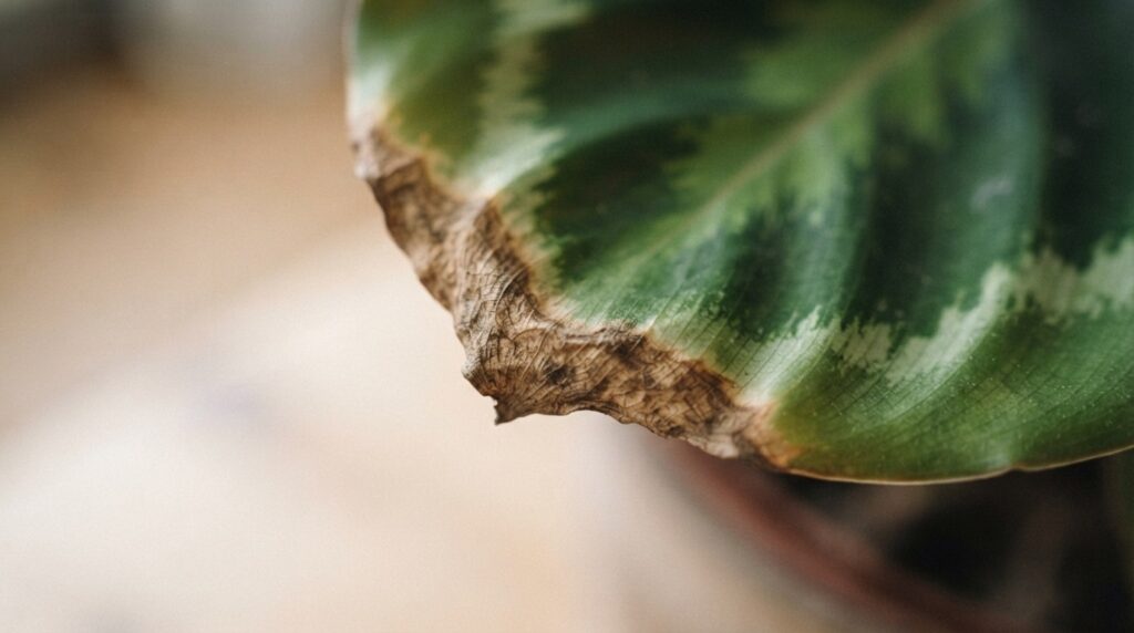 Primer plano macro de la punta de una hoja de Calathea mostrando bordes marrones y secos por baja humedad