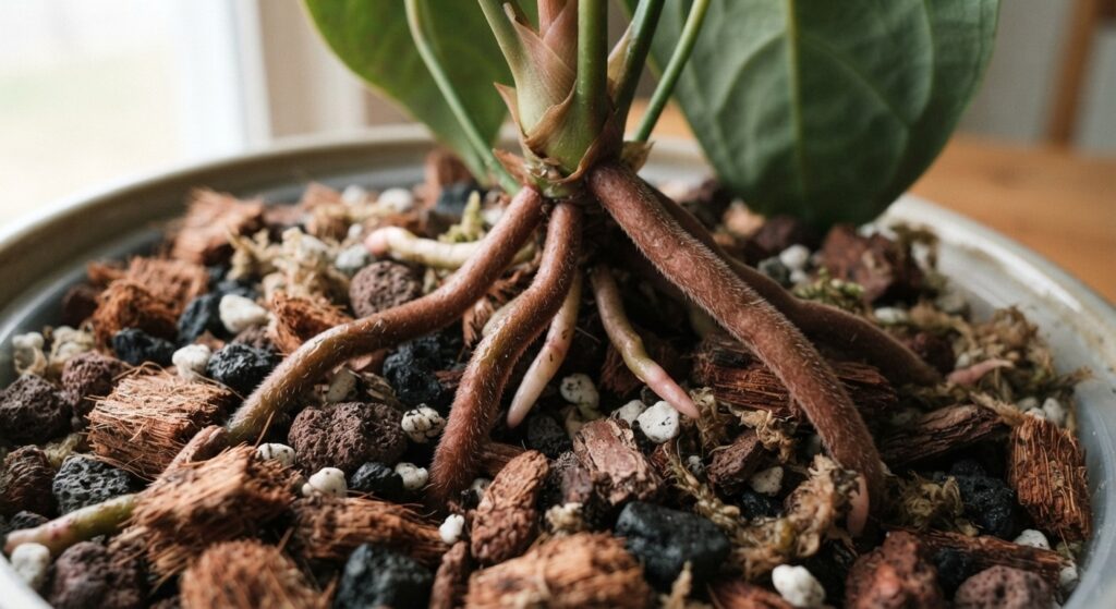 Vista de cerca de las raíces de una planta Anthurium adaptándose al sustrato