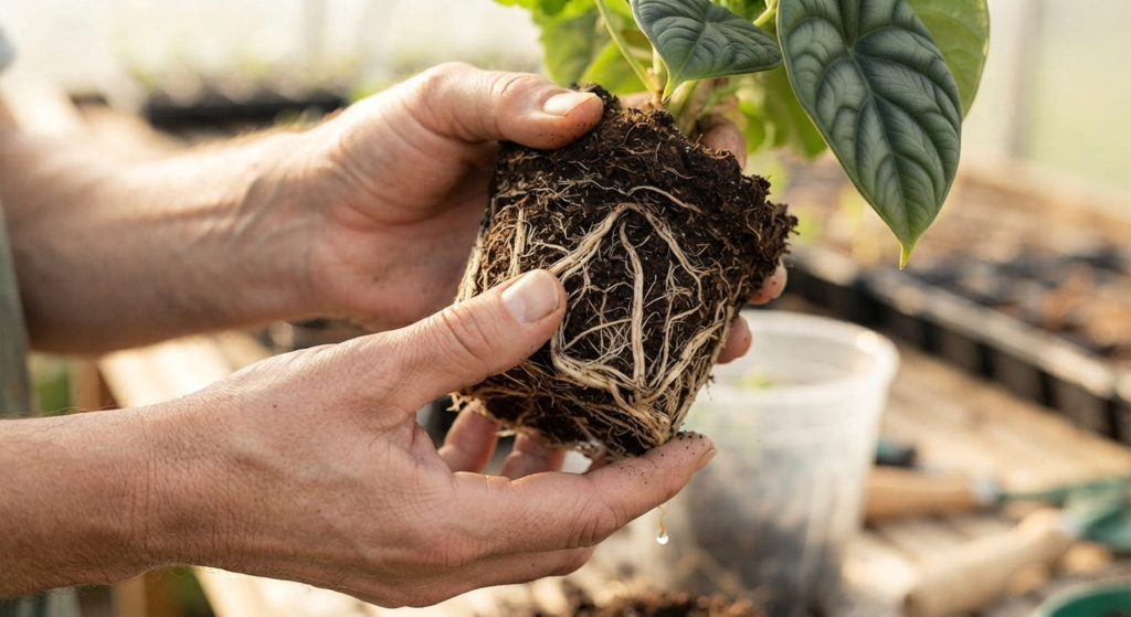Primer plano de manos sosteniendo con cuidado el cepellón radicular sano y compacto de una planta tropical con raíces visibles.
