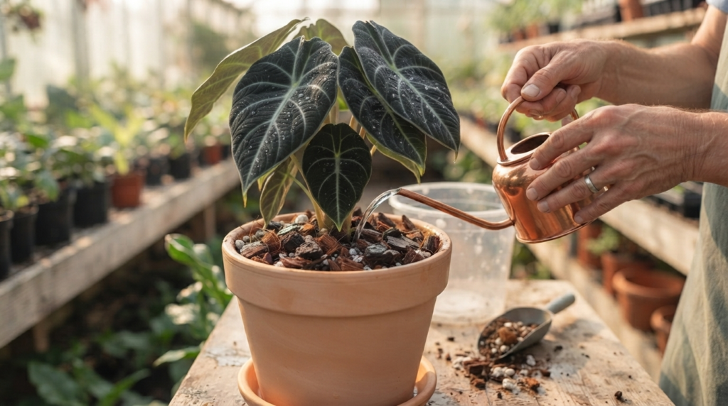 riego alocasia black velvet maceta terracota sustrato chunky mix