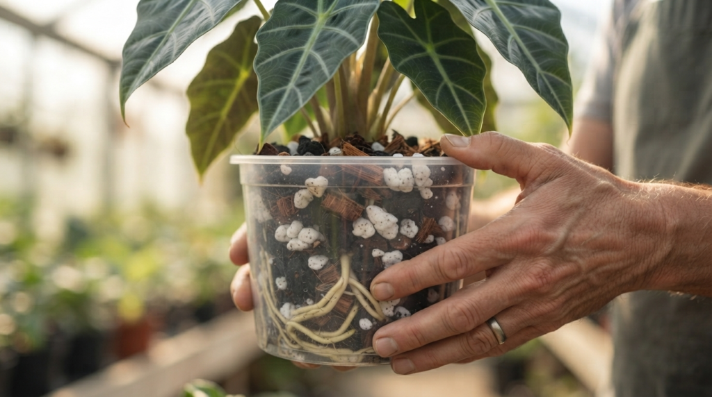 Manos sosteniendo maceta transparente de cultivo con planta exótica y raíces visibles en sustrato chunky mix.
