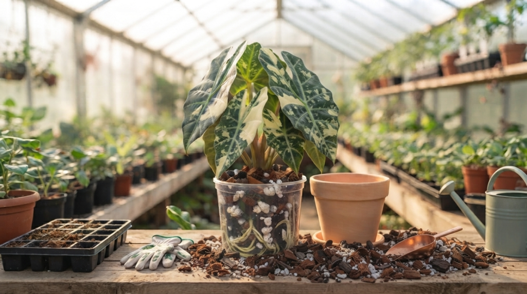 Alocasia Frydek Variegata lista para trasplantar en maceta transparente con raíces visibles, sustrato chunky mix y herramientas de jardinería en un invernadero luminoso.