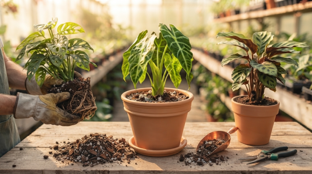 Primer plano de manos con guantes sosteniendo cepellón de Monstera adansonii junto a Alocasia y Calathea en macetas de terracota sobre mesa de madera en invernadero soleado.